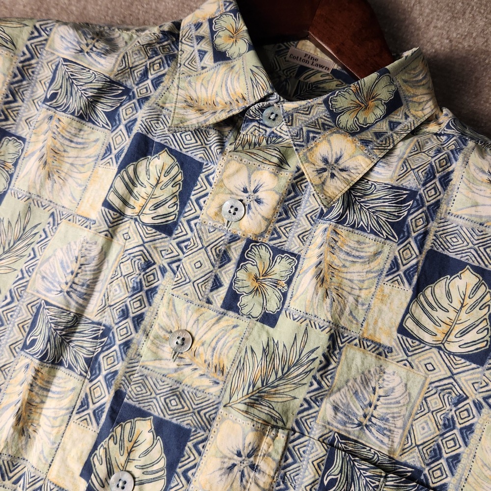 Luau Button Down Shirt Mens L Blue Green Tropical Hibiscus Cotton Lawn Hawaiian